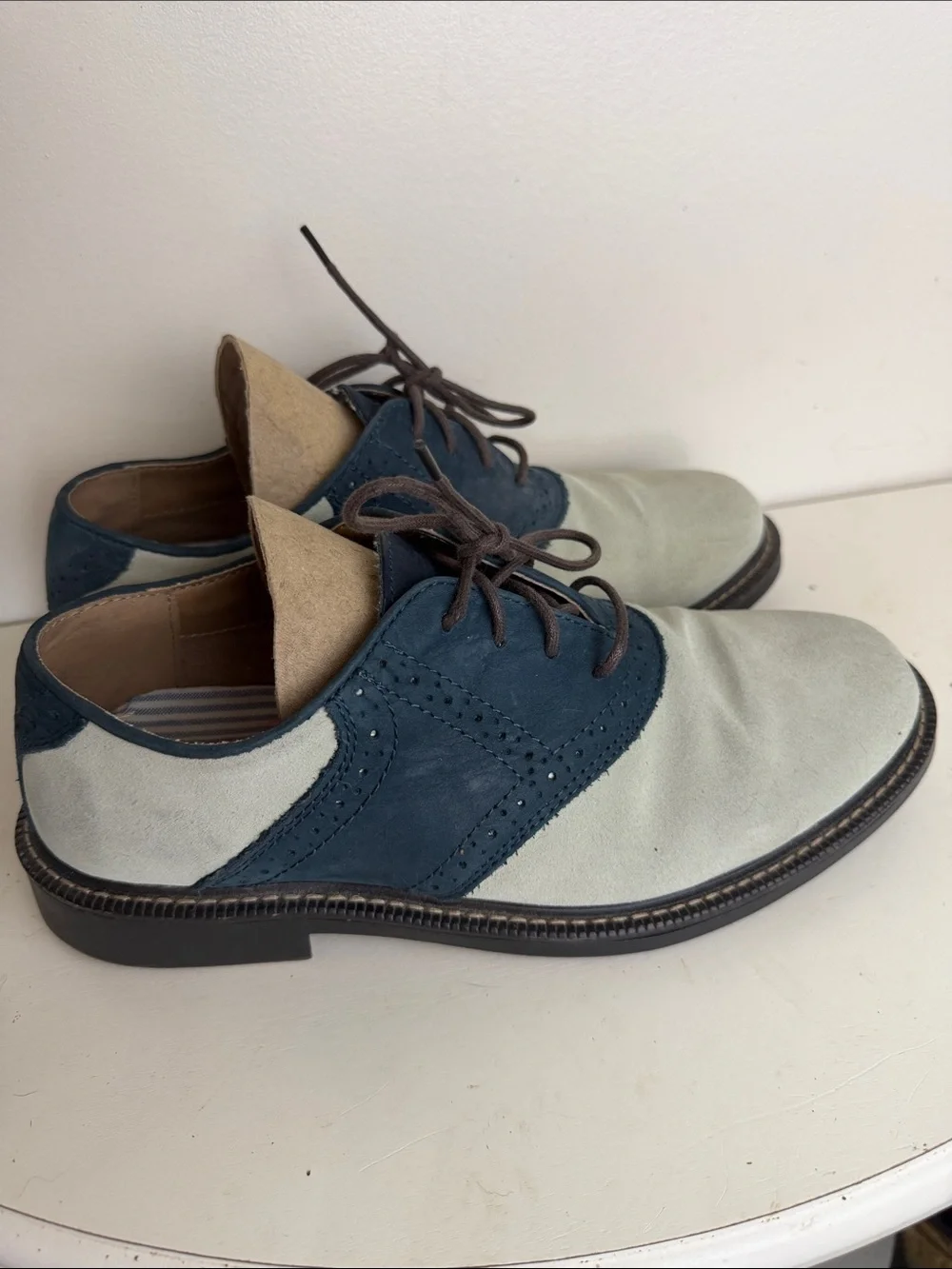 (2046) Men's Two-Tone Suede & Leather Oxford Shoes - Navy and Cream, Size: 8.5